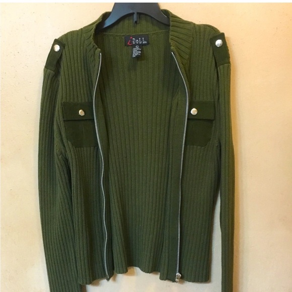 Cute i-Doll Knitted Open Front Zip Chest Corduroy Pockets Cardigan Sweater, L - Picture 3 of 5